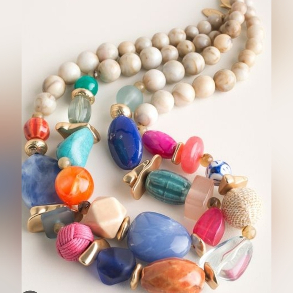 Chico’s Chunky Mixed Bead Colorful Double Strand Statement Necklace – NWT